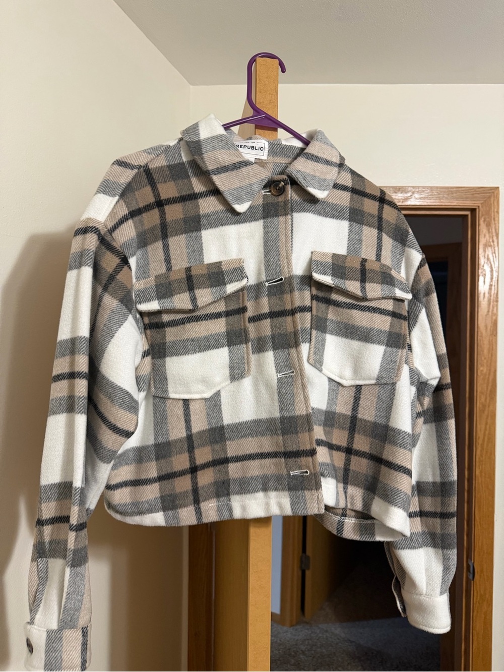 Beige Plaid Shacket Jacket - Beige/Gray
